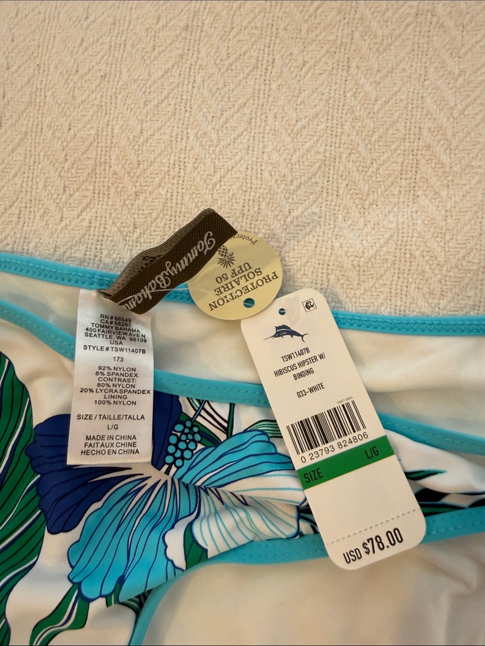 Tommy Bahama White Bikini Bottom with Turquoise Trim and Multicolor Floral Print - Picture 2 of 3